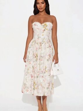 NWT Fashion Nova Strapless Floral Taupe Midi Dress S